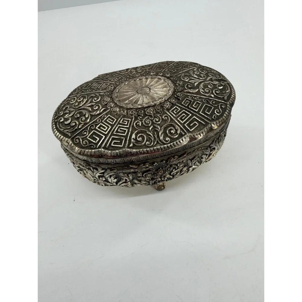 Jewelry Trinket Box Silver Plate Ornate Footed Floral Greek Key Vintage